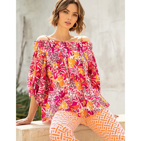 $298 TRINA TURK Salma off-the-shoulder Balloon Blouse | Sz L Orange Pink Floral - Picture 2 of 6